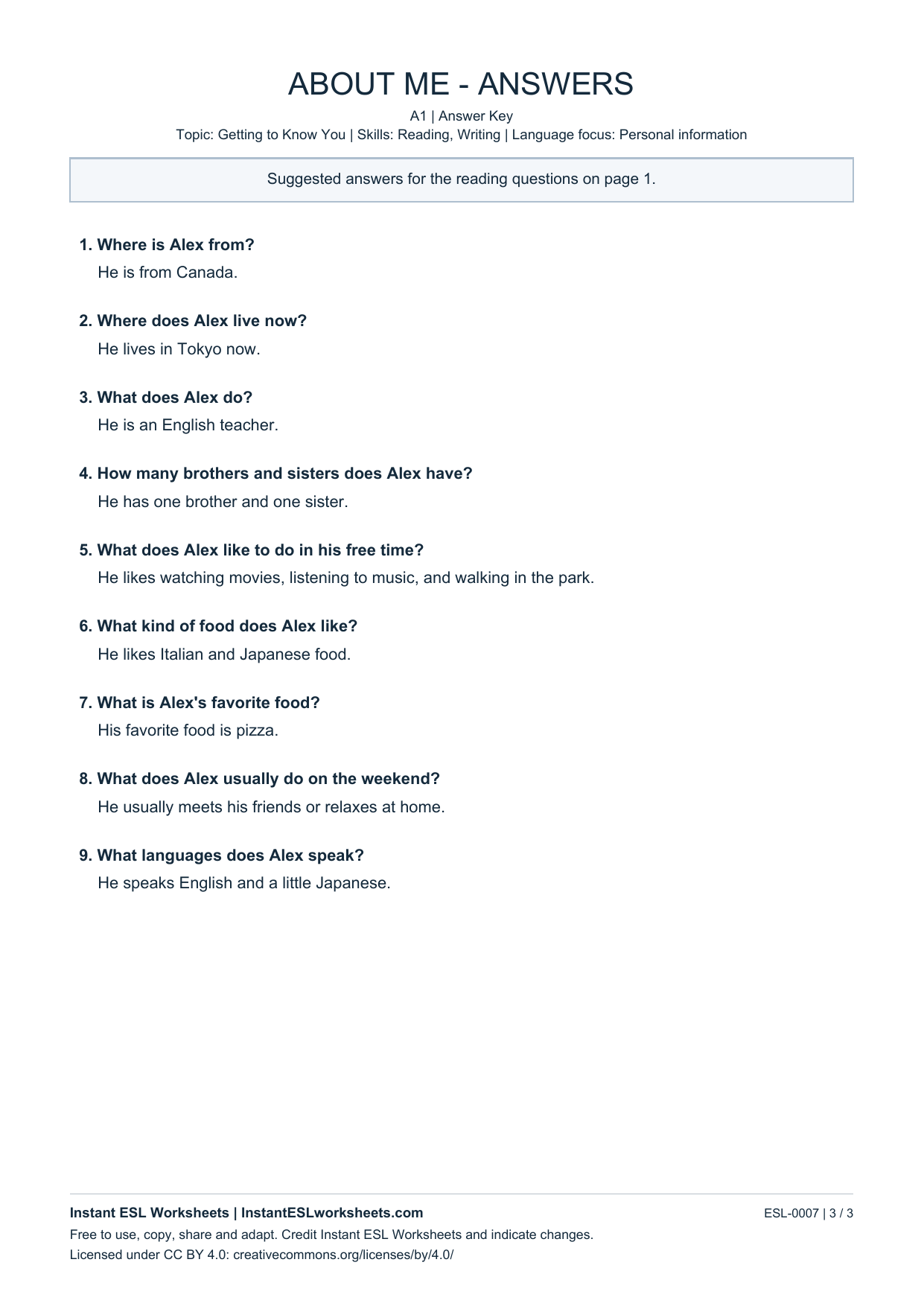 Page 3 of About Me - answer key