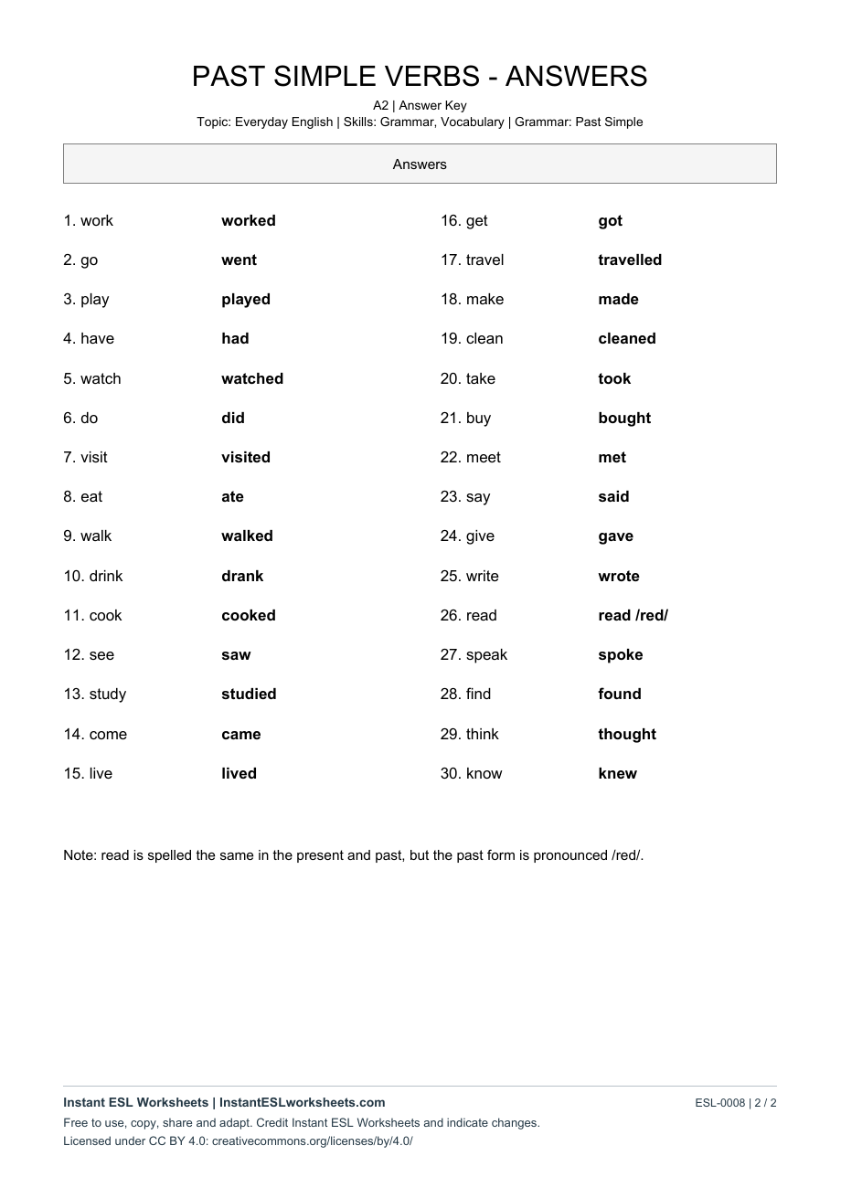 Page 2 of Past Simple Verbs - answer key