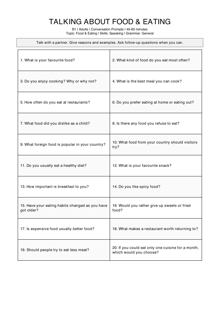 Page 1 of Talking about food & eating: 20 discussion questions; Familiar food and cooking topics; Reasons, examples and follow-up questions