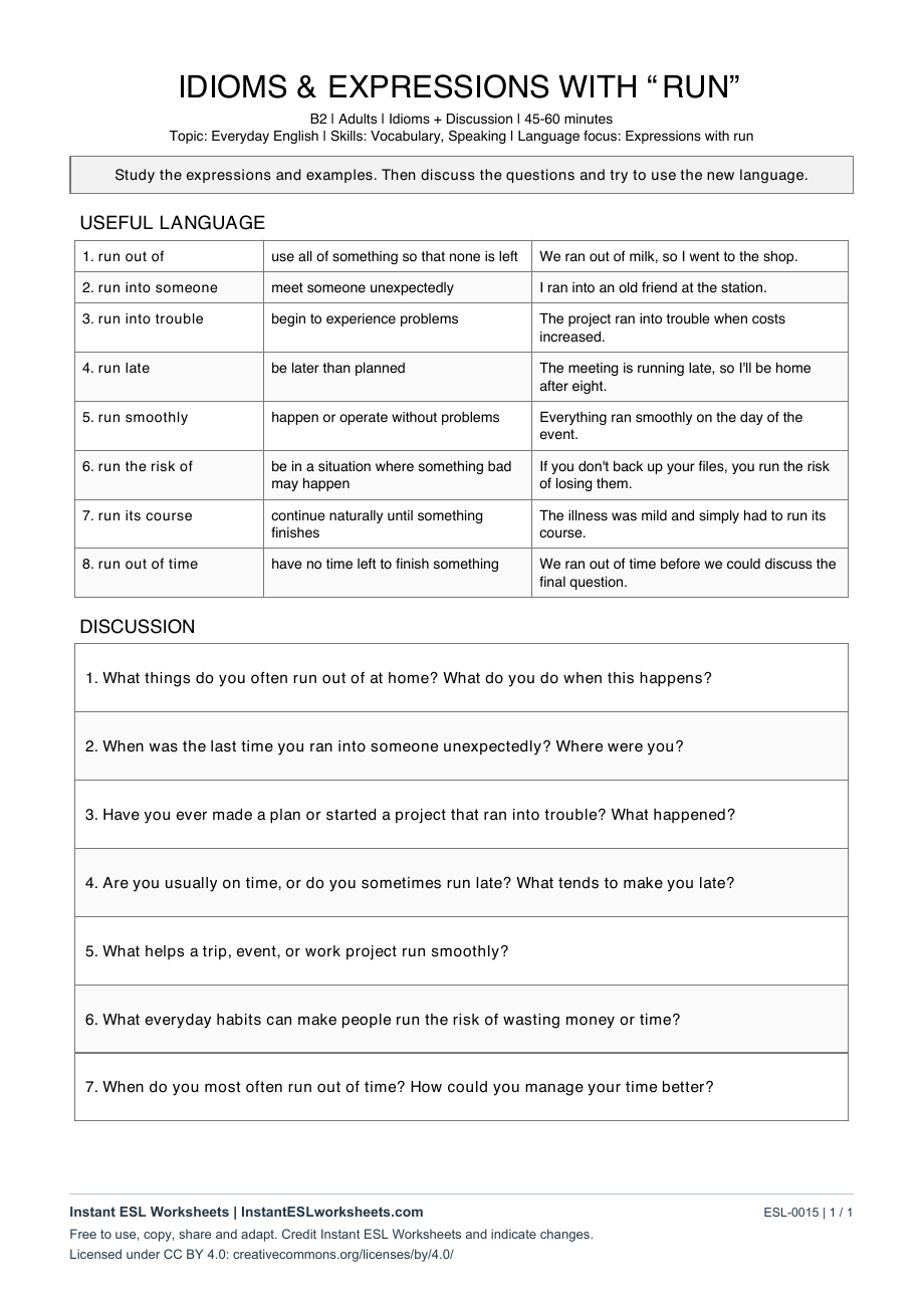 Page 1 of Idioms & Expressions with Run