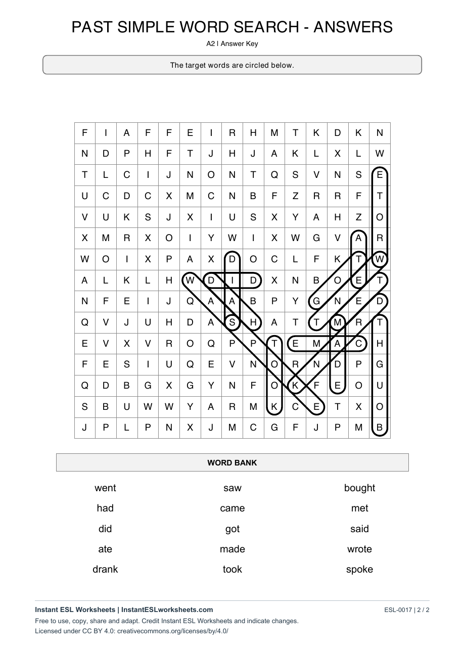 Page 2 of Past Simple Word Search - answer key