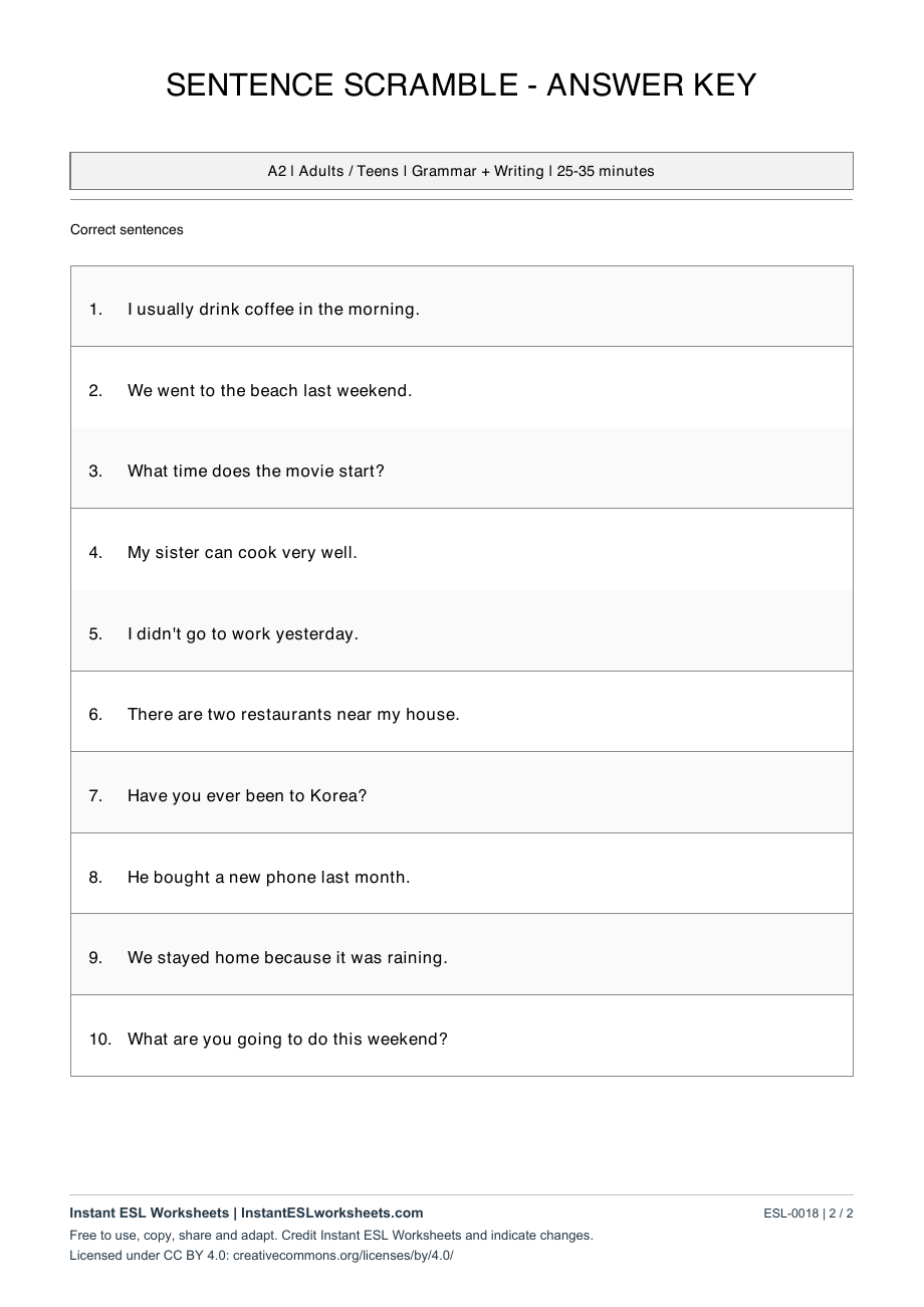 Page 2 of Sentence Scramble - answer key