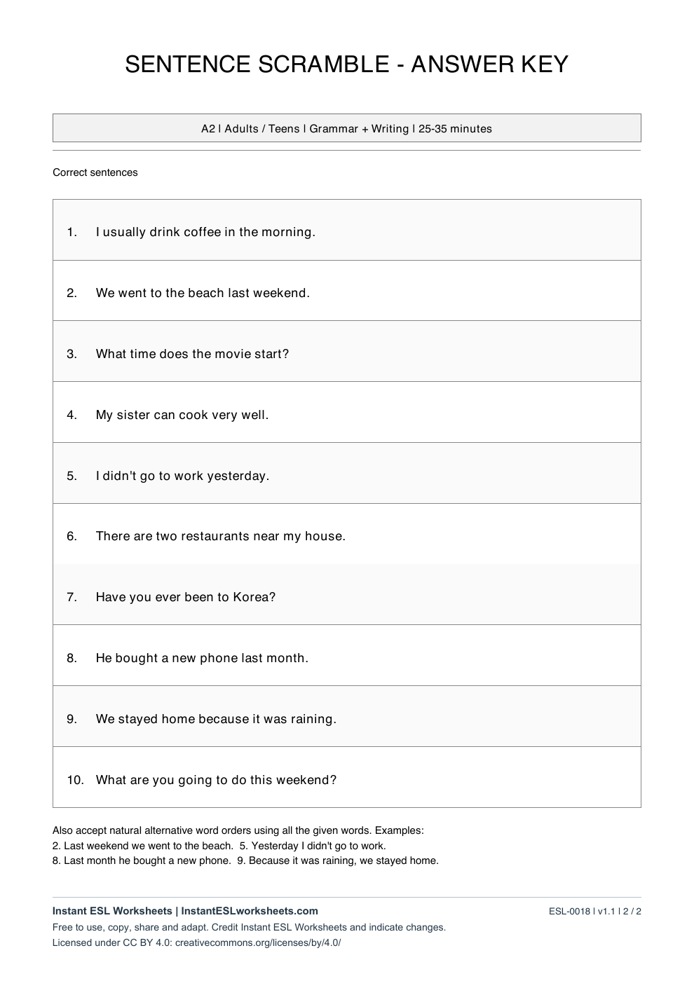 Page 2 of Sentence Scramble - answer key