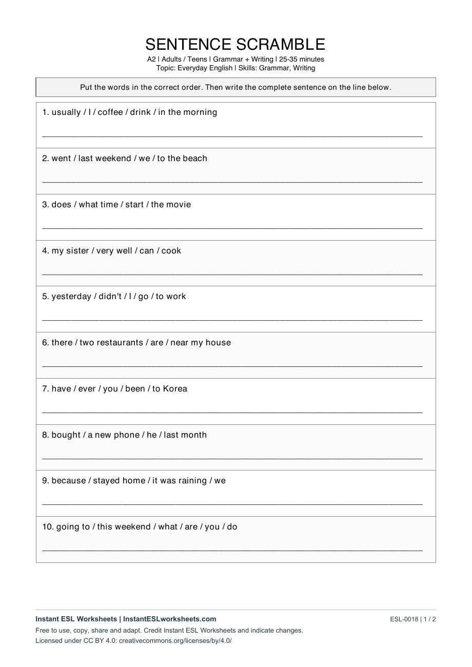 Page 1 of Sentence Scramble