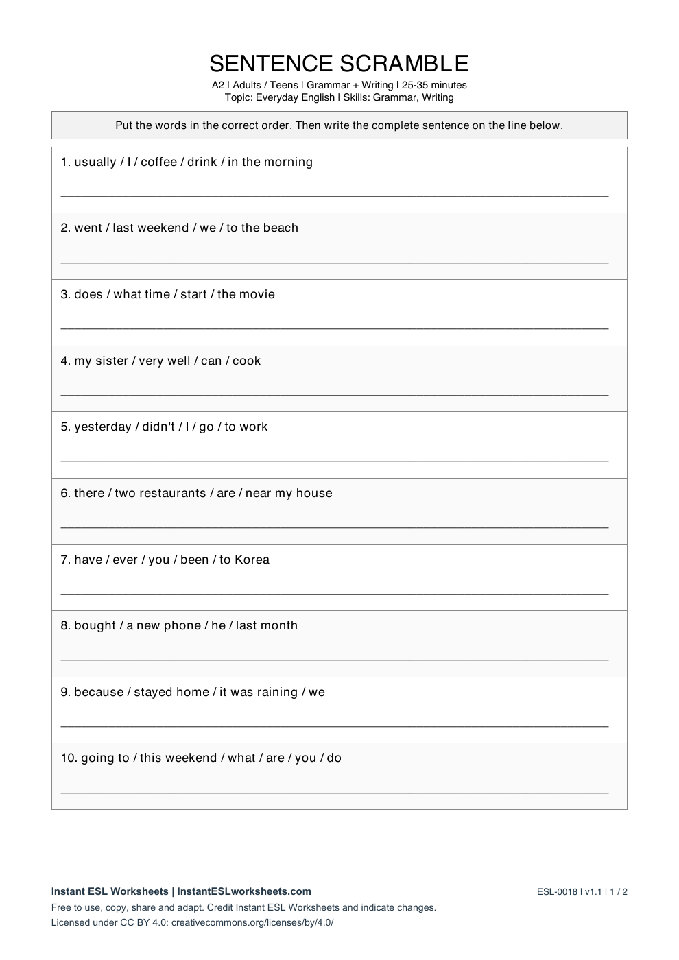 Page 1 of Sentence Scramble