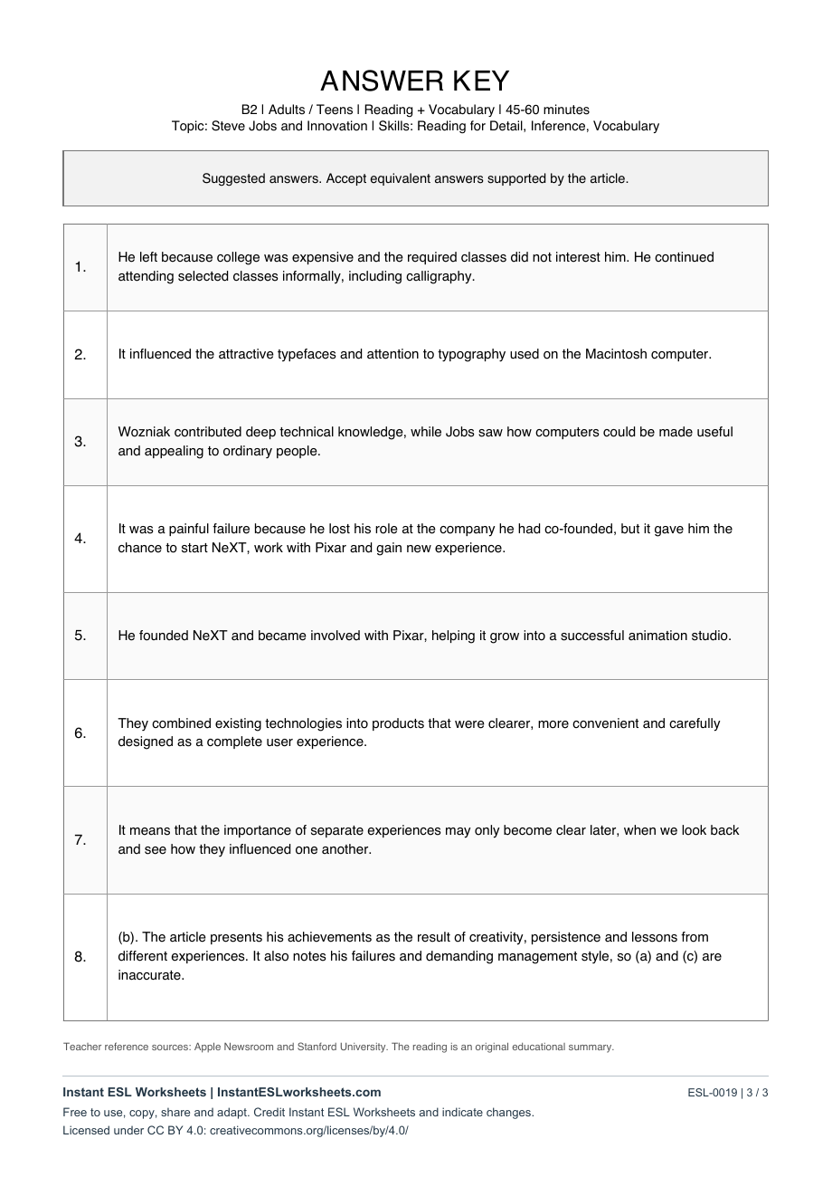 Page 3 of Steve Jobs: Connecting Technology and Creativity - answer key