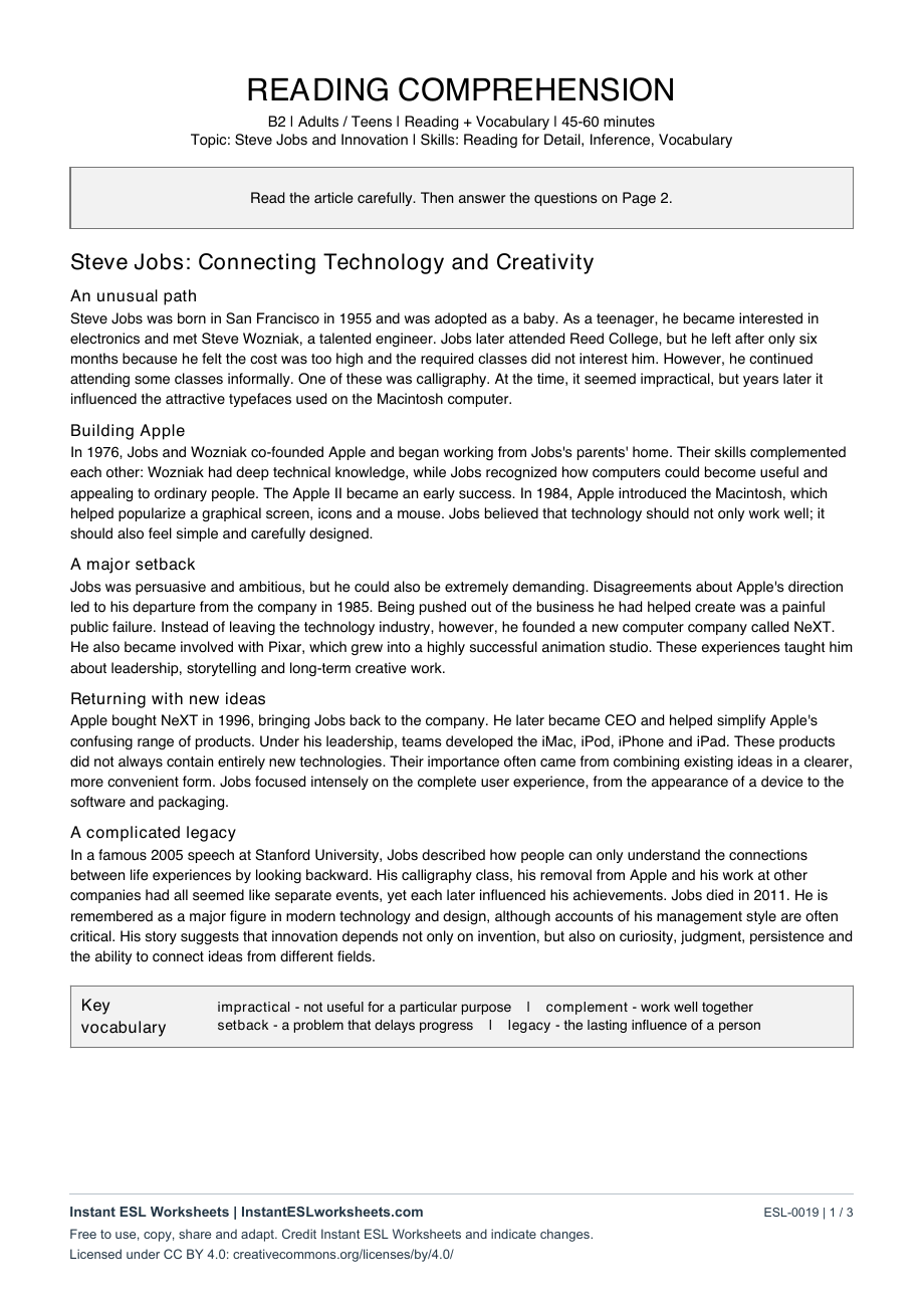 Page 1 of Steve Jobs: Connecting Technology and Creativity