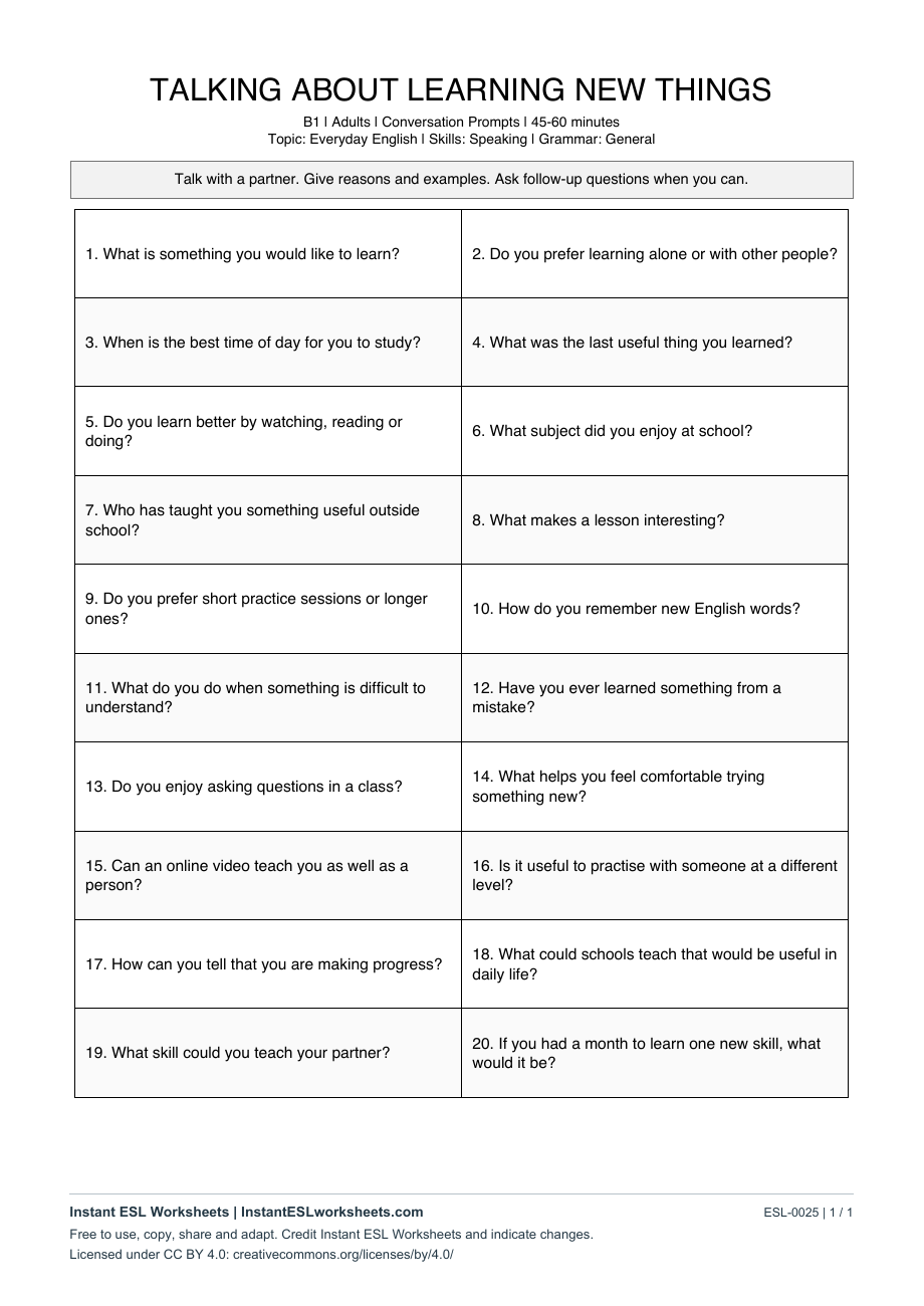 Page 1 of Talking About Learning New Things