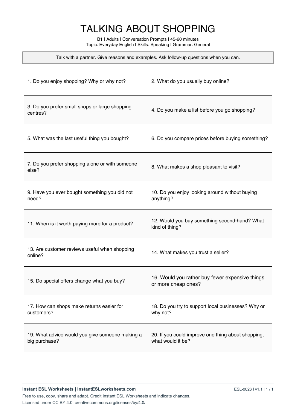 Page 1 of Talking About Shopping