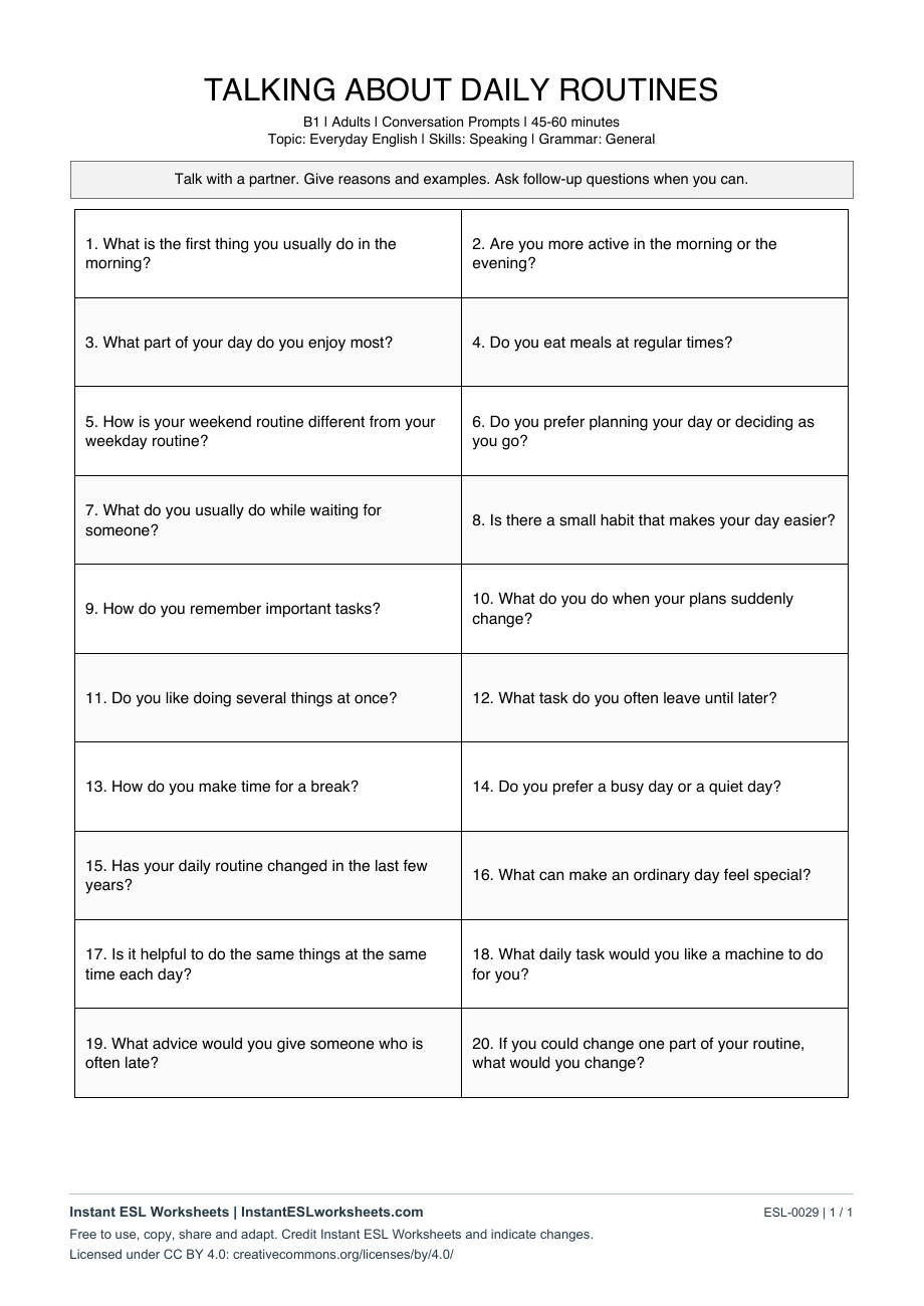 Page 1 of Talking About Daily Routines