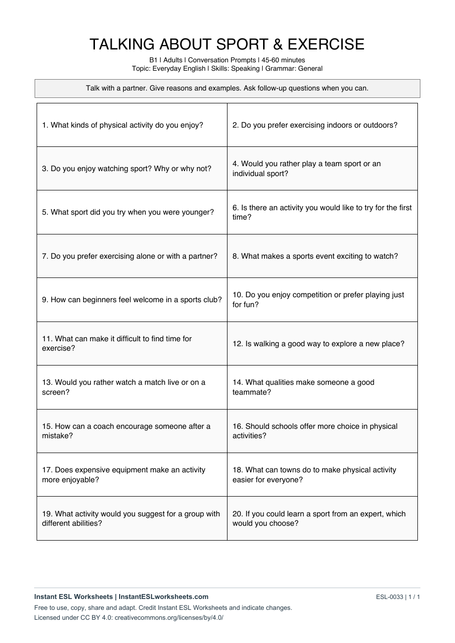 Page 1 of Talking About Sport & Exercise