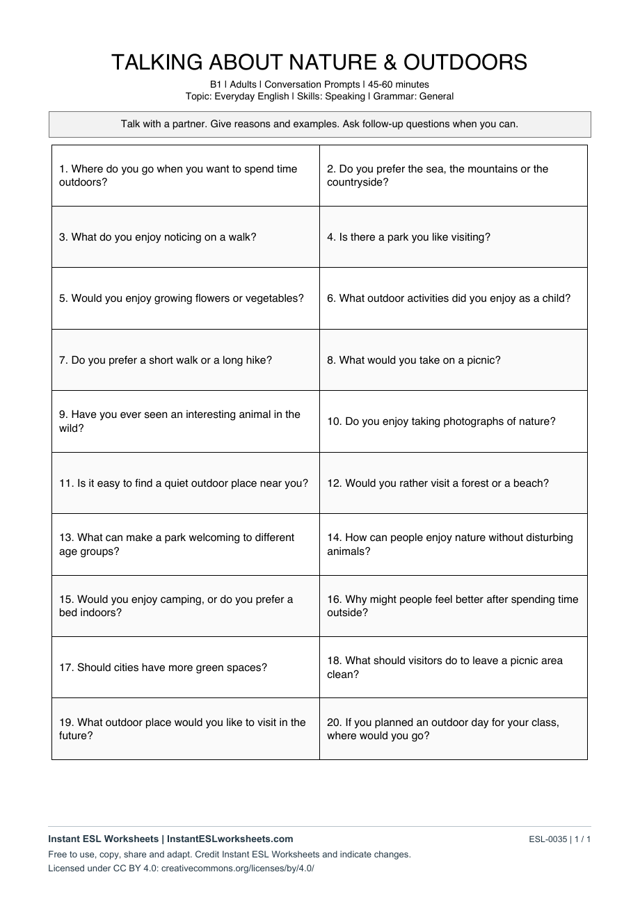 Page 1 of Talking About Nature & Outdoors