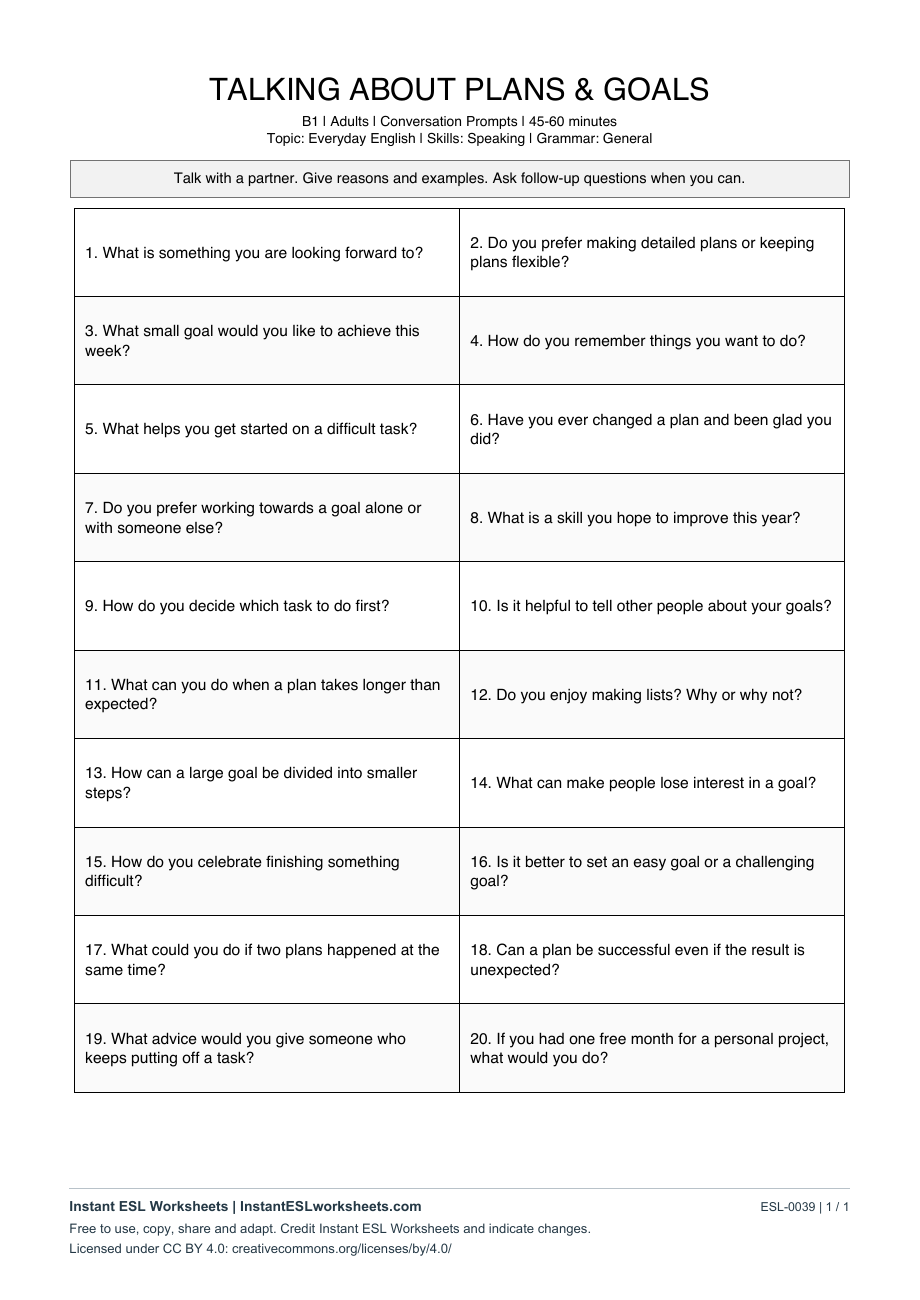 Page 1 of Talking About Plans & Goals