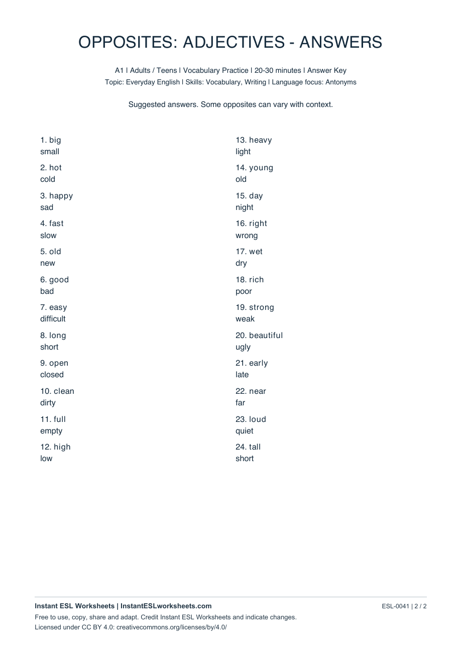Page 2 of Opposites: Adjectives - A1 - answer key