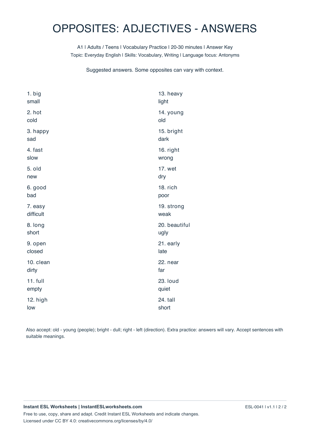 Page 2 of Opposites: Adjectives - A1 - answer key