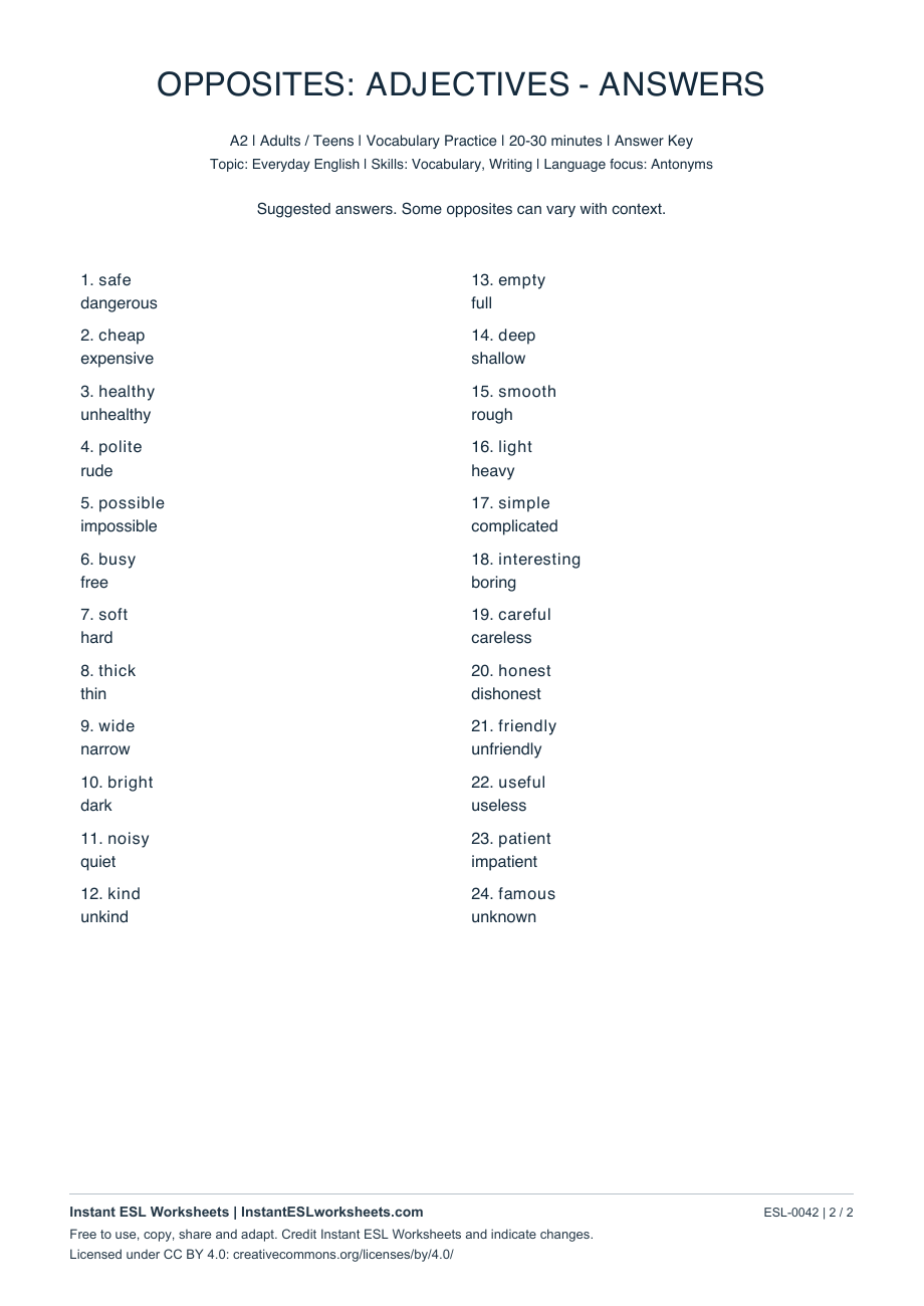 Page 2 of Opposites: Adjectives - A2 - answer key