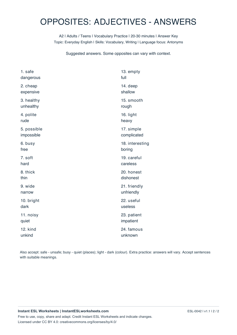 Page 2 of Opposites: Adjectives - A2 - answer key