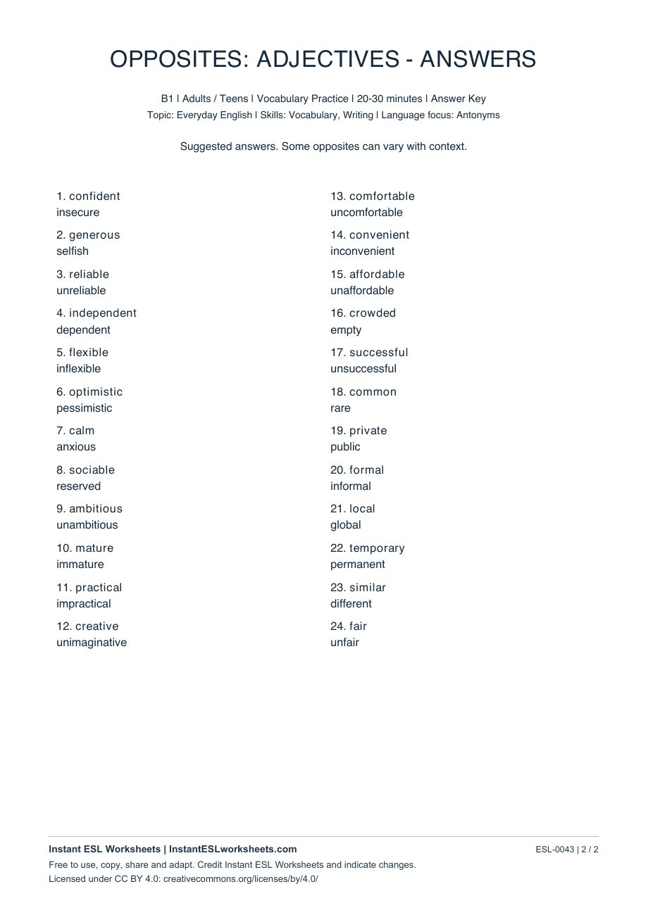 Page 2 of Opposites: Adjectives - B1 - answer key
