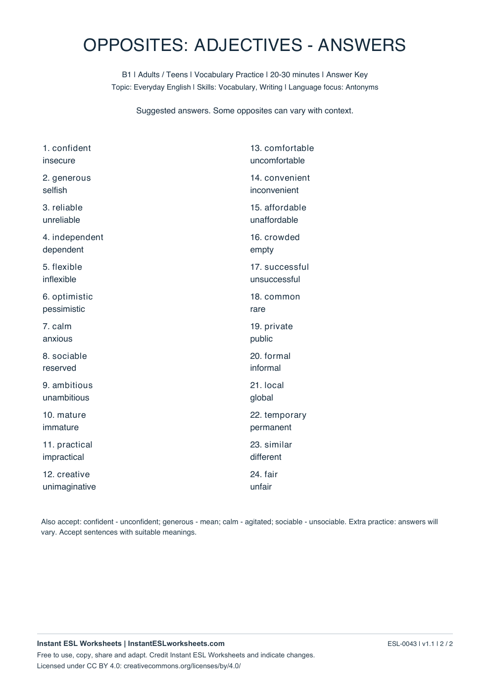 Page 2 of Opposites: Adjectives - B1 - answer key