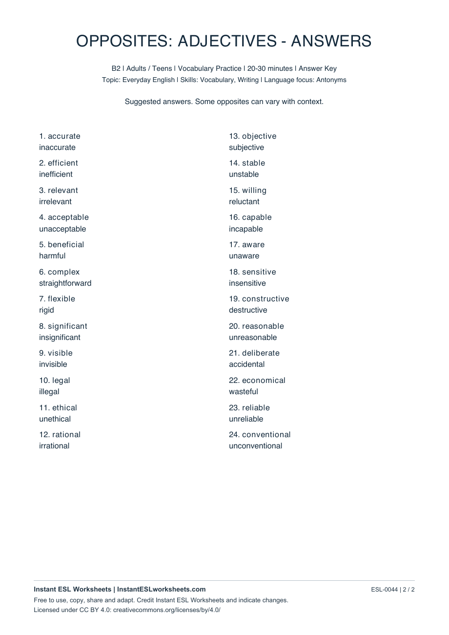 Page 2 of Opposites: Adjectives - B2 - answer key
