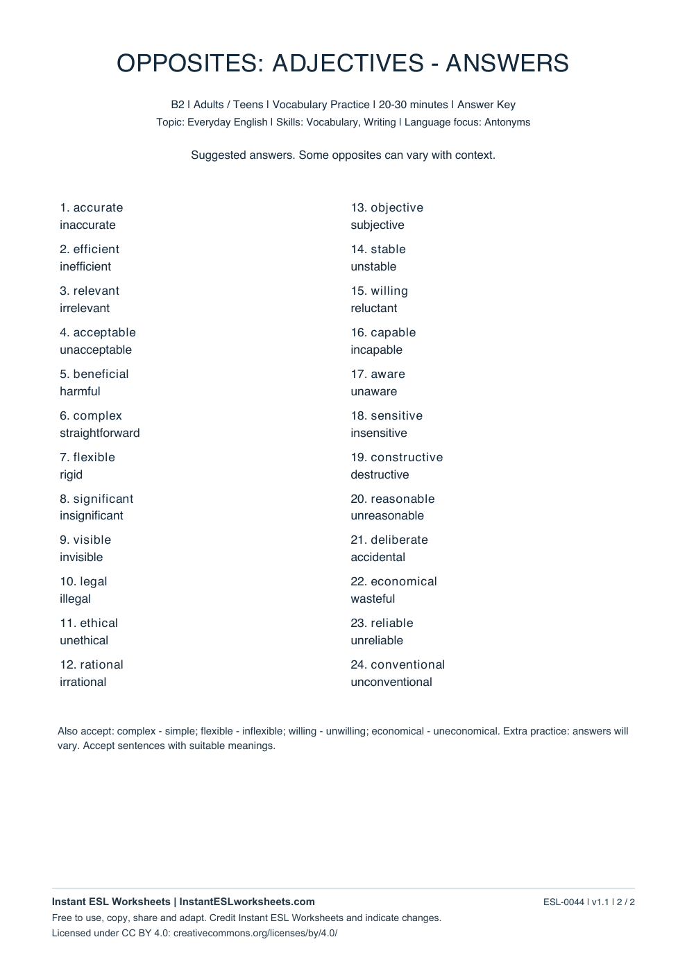 Page 2 of Opposites: Adjectives - B2 - answer key