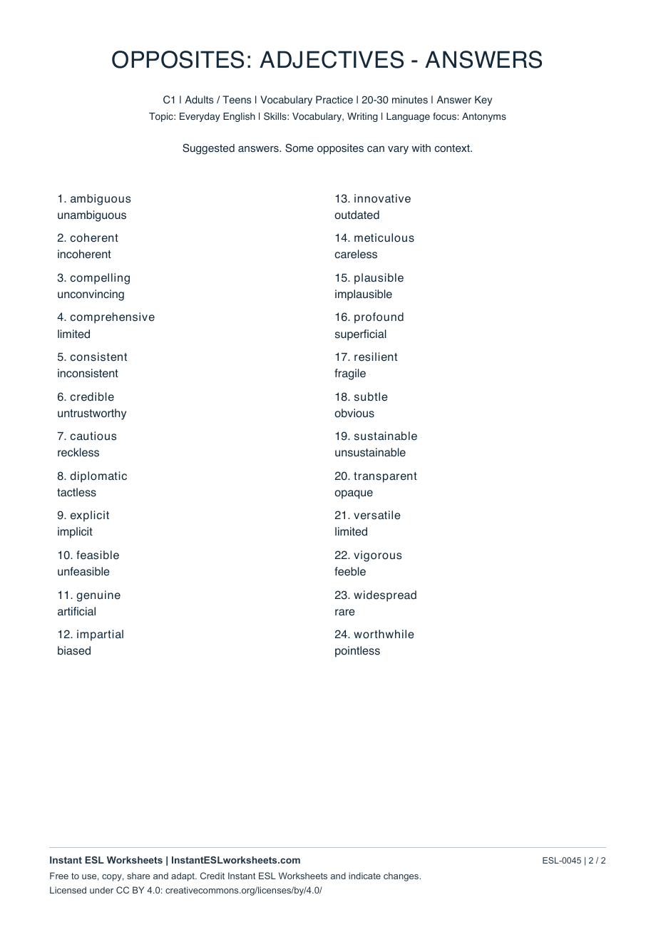 Page 2 of Opposites: Adjectives - C1 - answer key