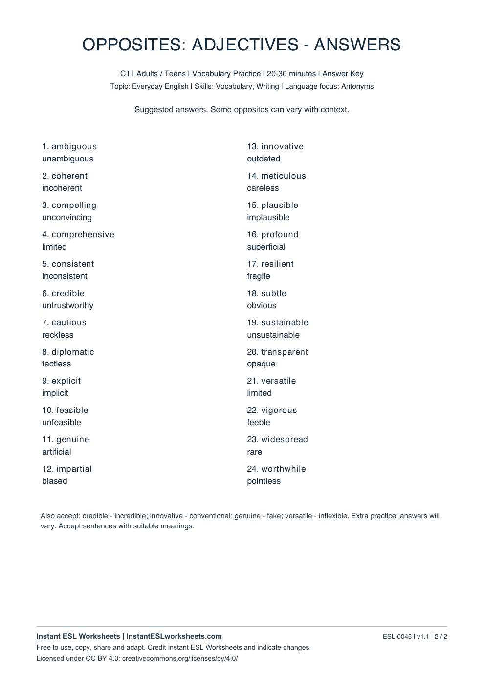 Page 2 of Opposites: Adjectives - C1 - answer key
