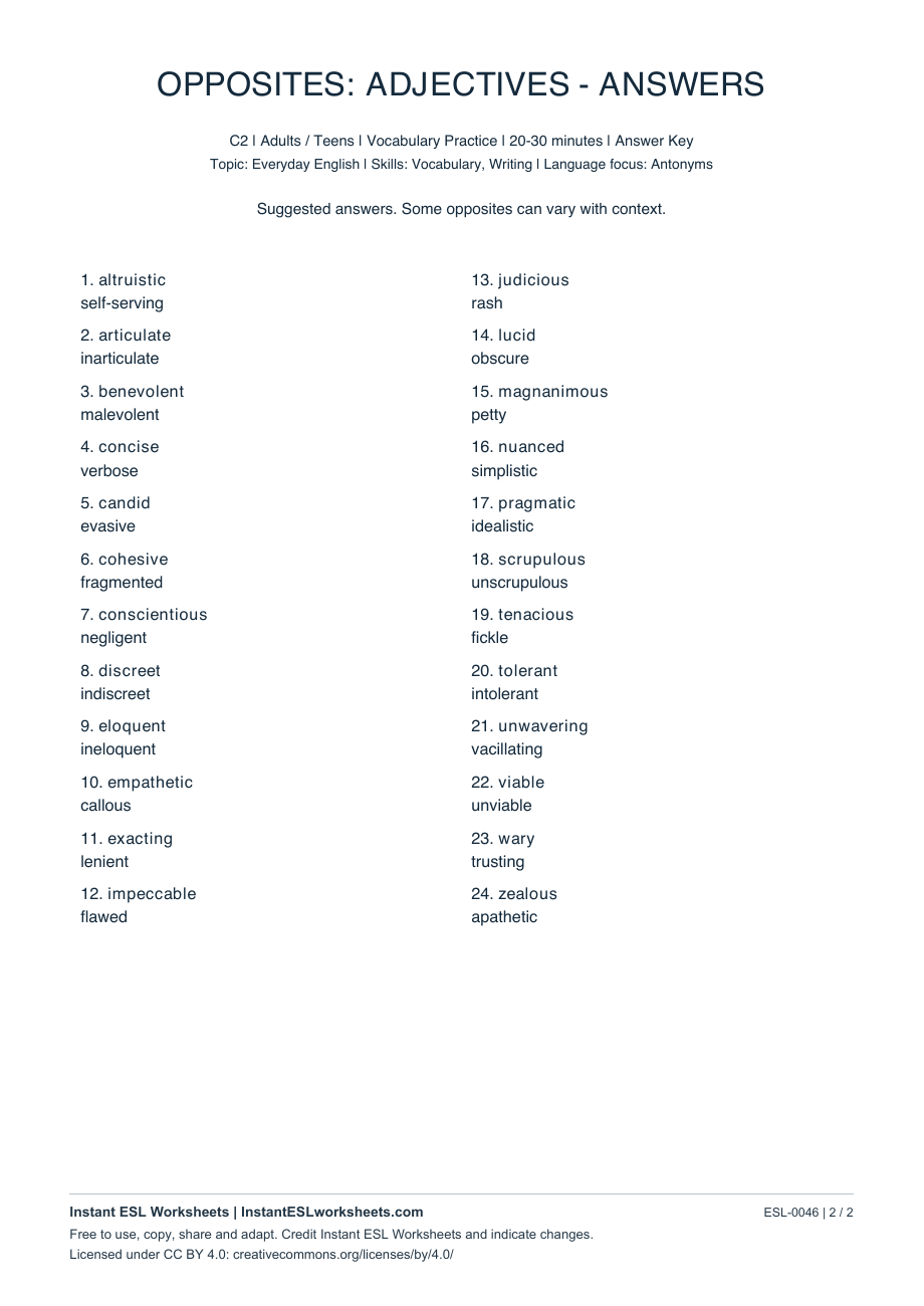 Page 2 of Opposites: Adjectives - C2 - answer key
