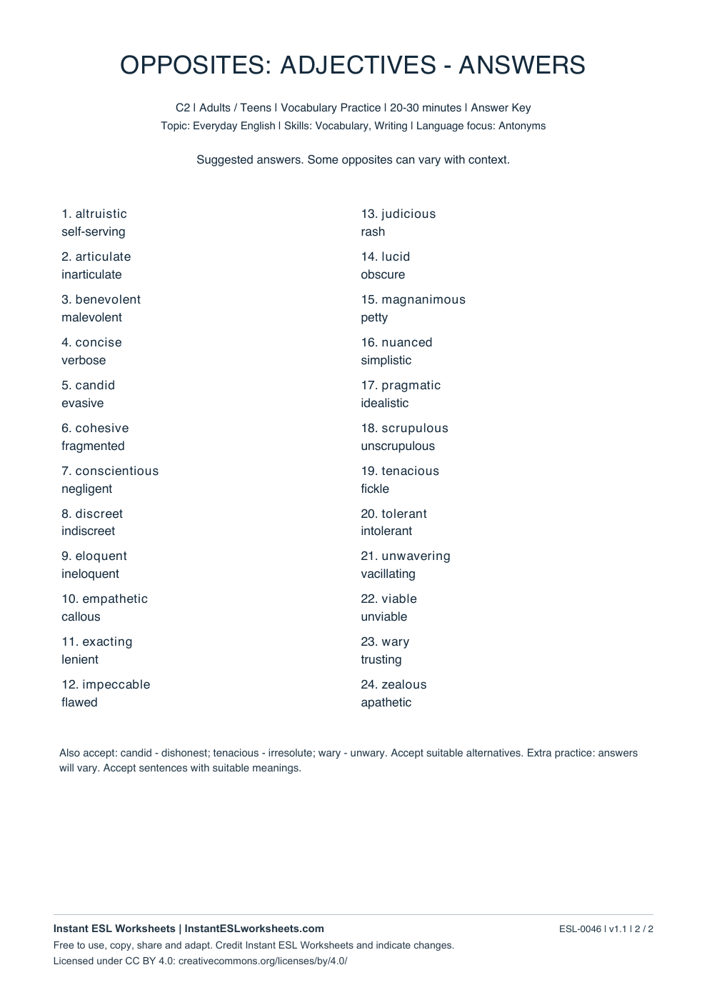 Page 2 of Opposites: Adjectives - C2 - answer key