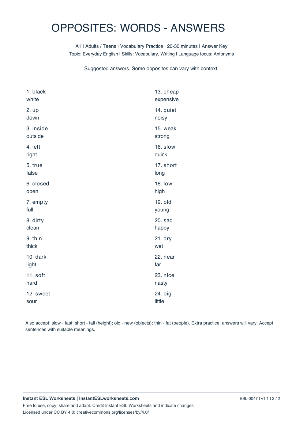 Page 2 of Opposites: Adjectives - A1 Set 2 - answer key