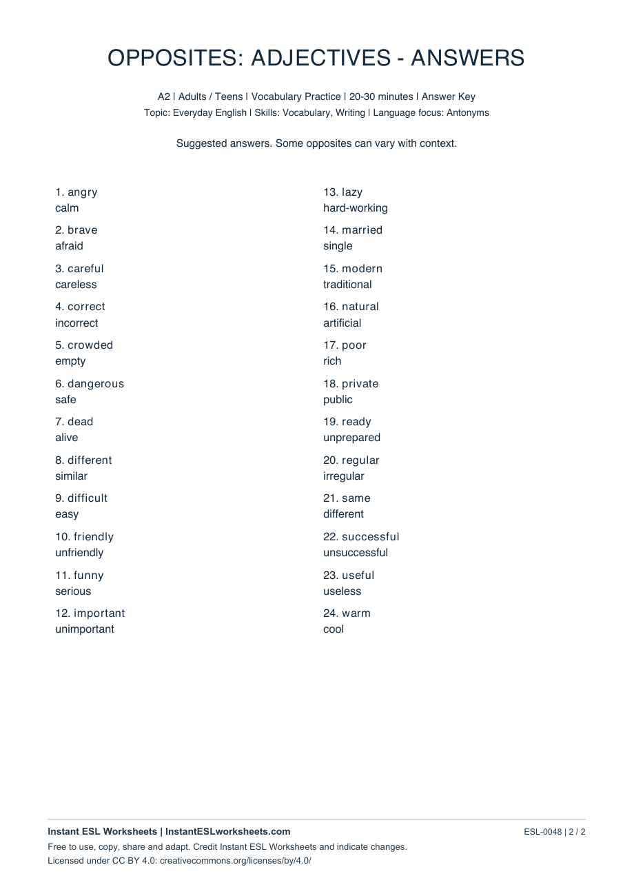 Page 2 of Opposites: Adjectives - A2 Set 2 - answer key