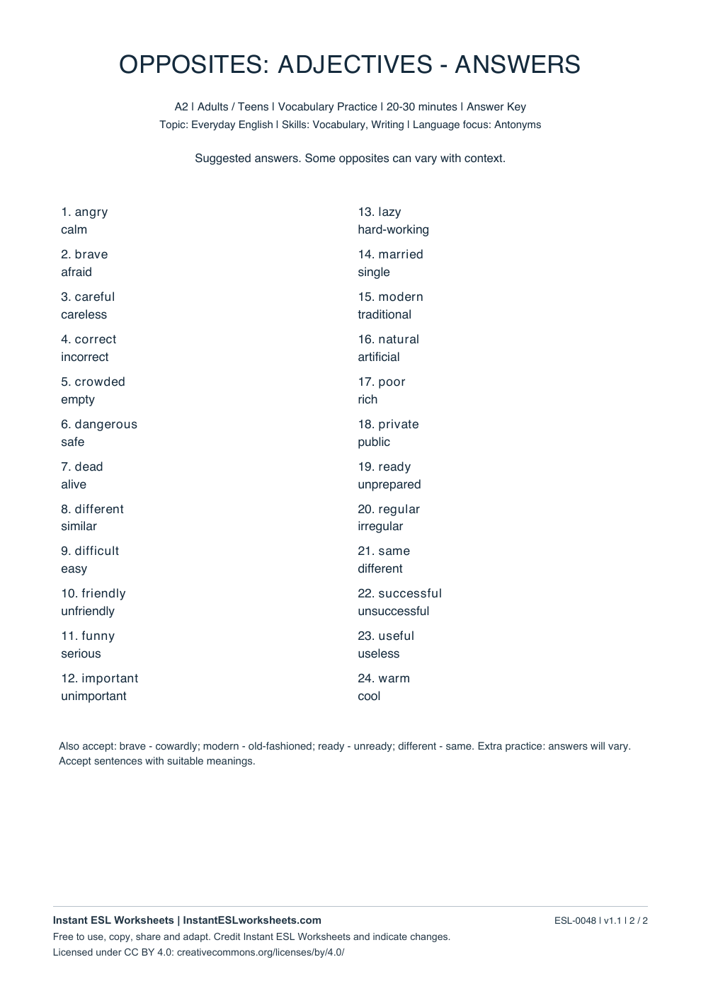 Page 2 of Opposites: Adjectives - A2 Set 2 - answer key