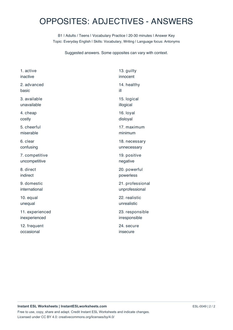 Page 2 of Opposites: Adjectives - B1 Set 2 - answer key