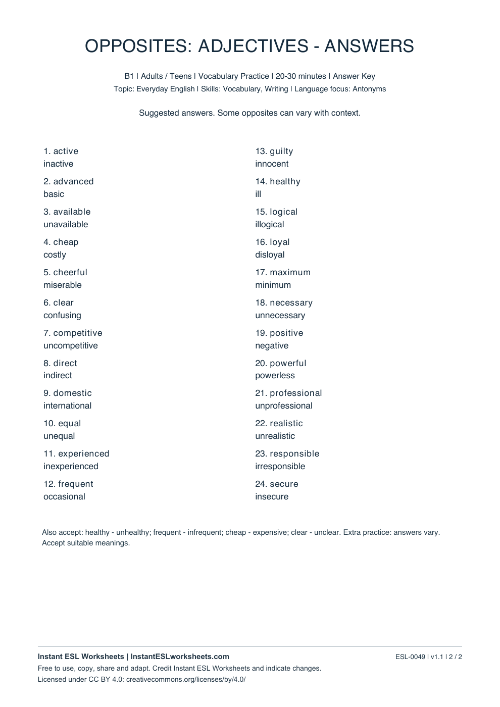 Page 2 of Opposites: Adjectives - B1 Set 2 - answer key