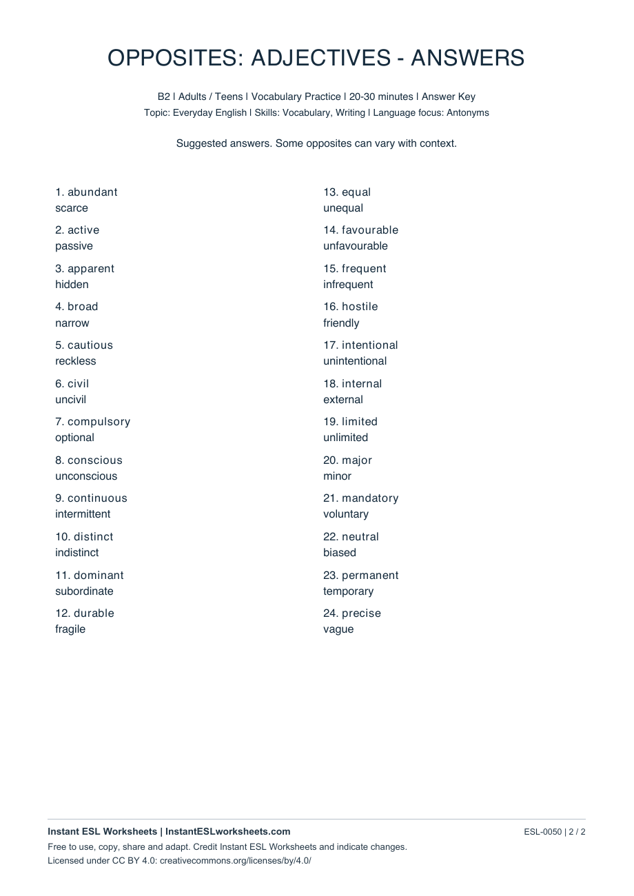 Page 2 of Opposites: Adjectives - B2 Set 2 - answer key