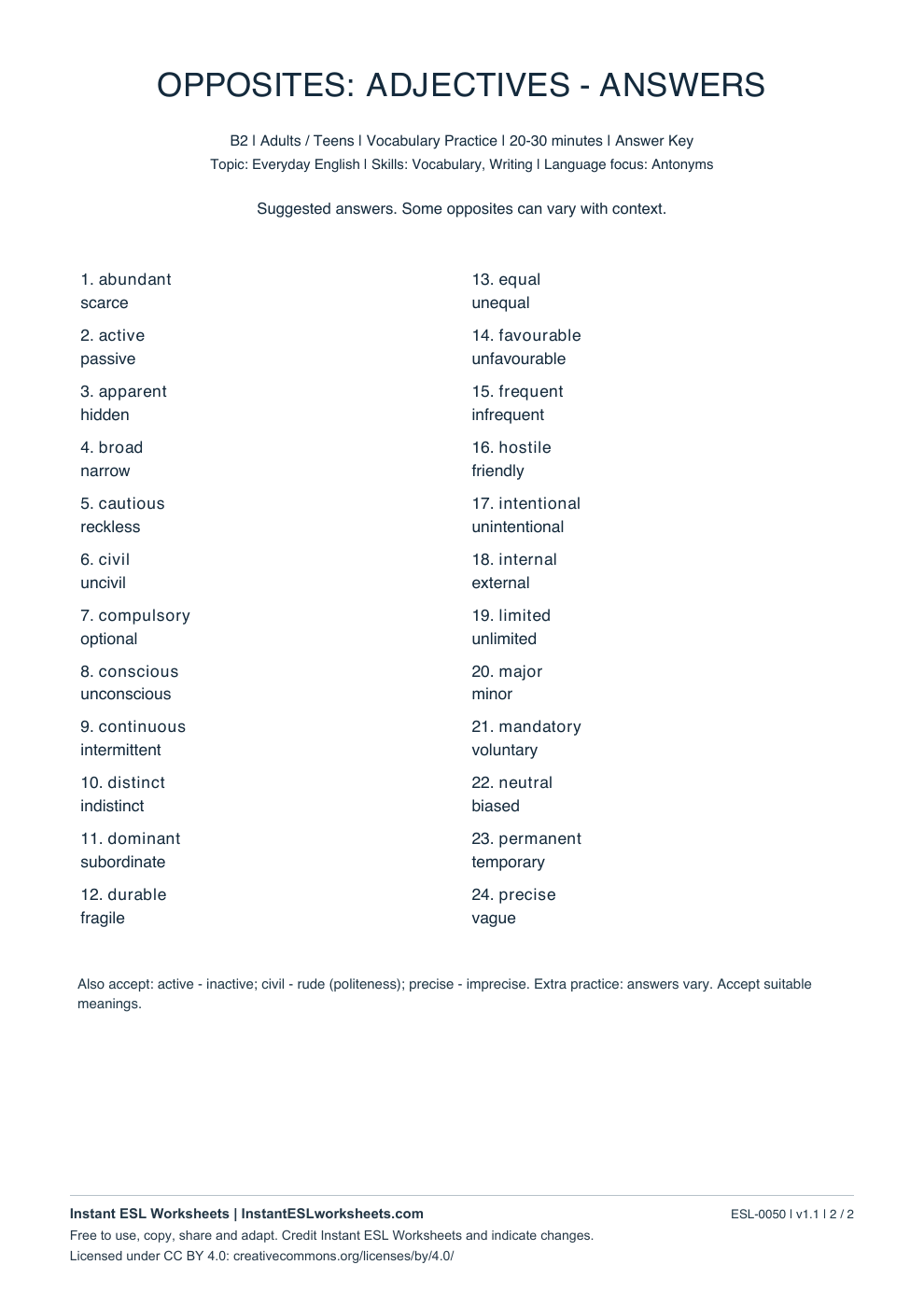Page 2 of Opposites: Adjectives - B2 Set 2 - answer key