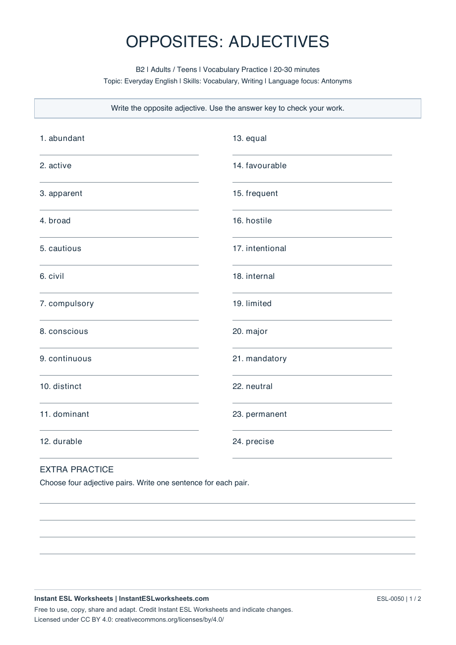 Page 1 of Opposites: Adjectives - B2 Set 2