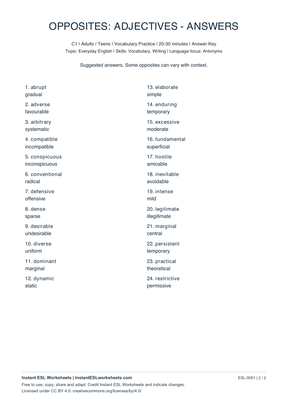 Page 2 of Opposites: Adjectives - C1 Set 2 - answer key
