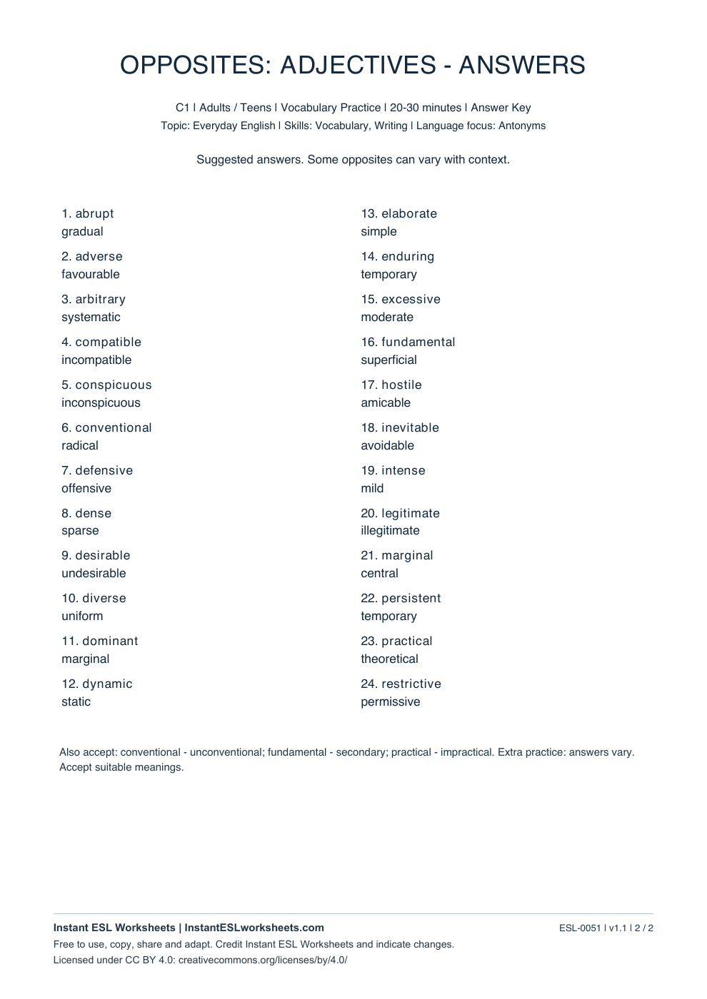 Page 2 of Opposites: Adjectives - C1 Set 2 - answer key