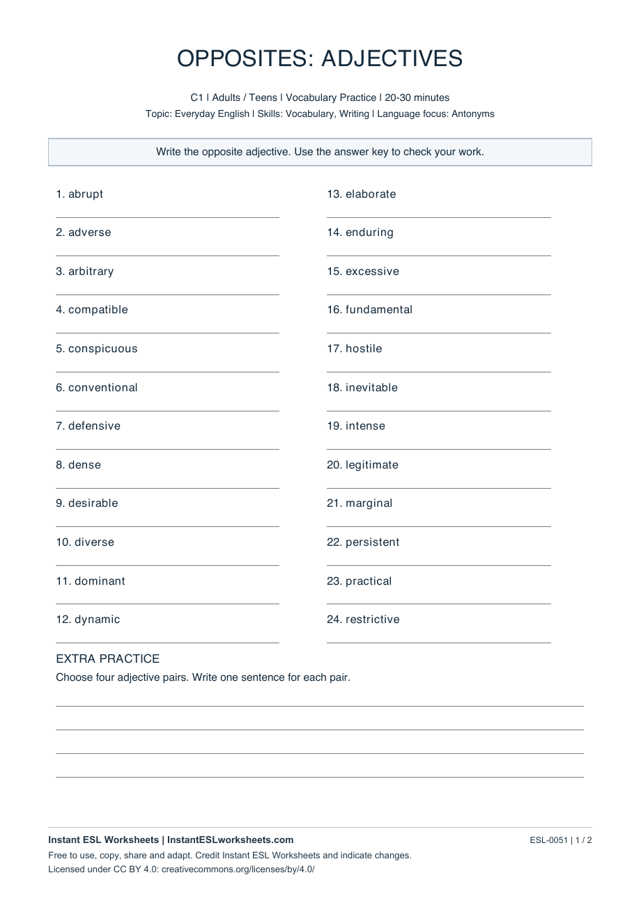 Page 1 of Opposites: Adjectives - C1 Set 2
