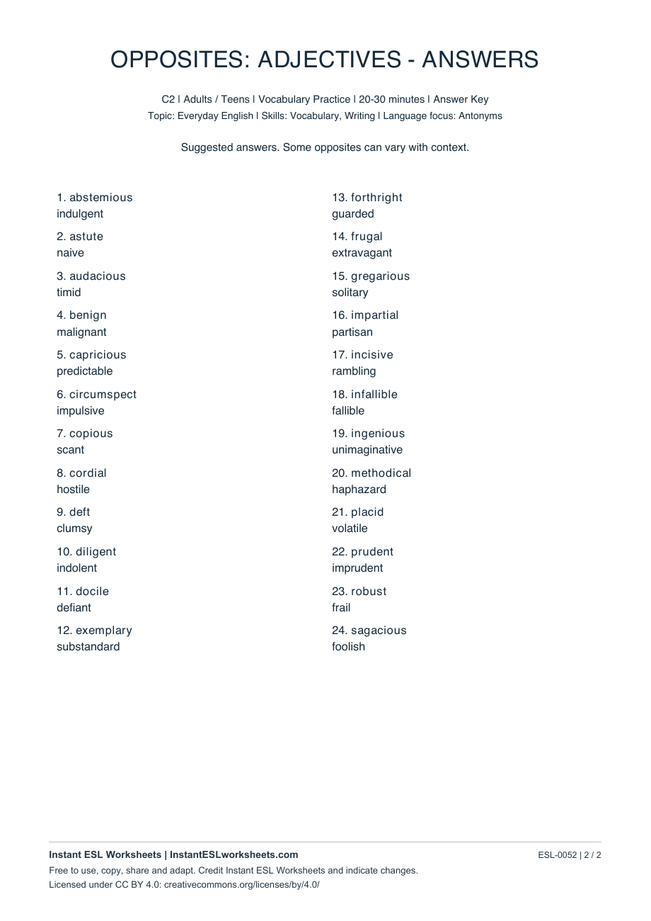 Page 2 of Opposites: Adjectives - C2 Set 2 - answer key