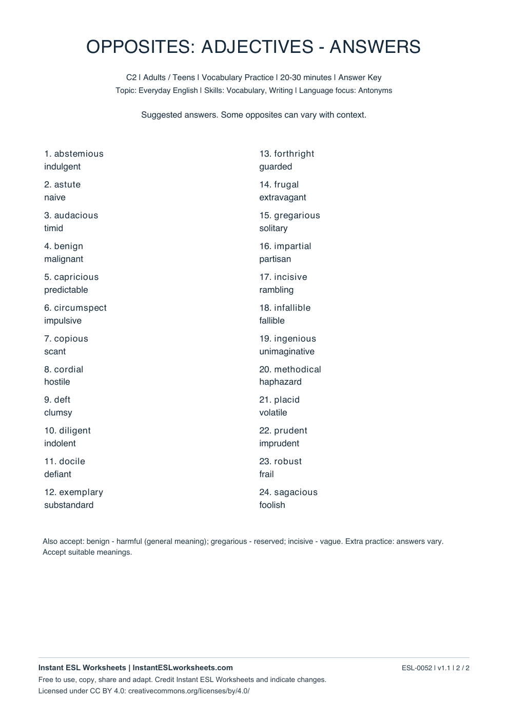 Page 2 of Opposites: Adjectives - C2 Set 2 - answer key