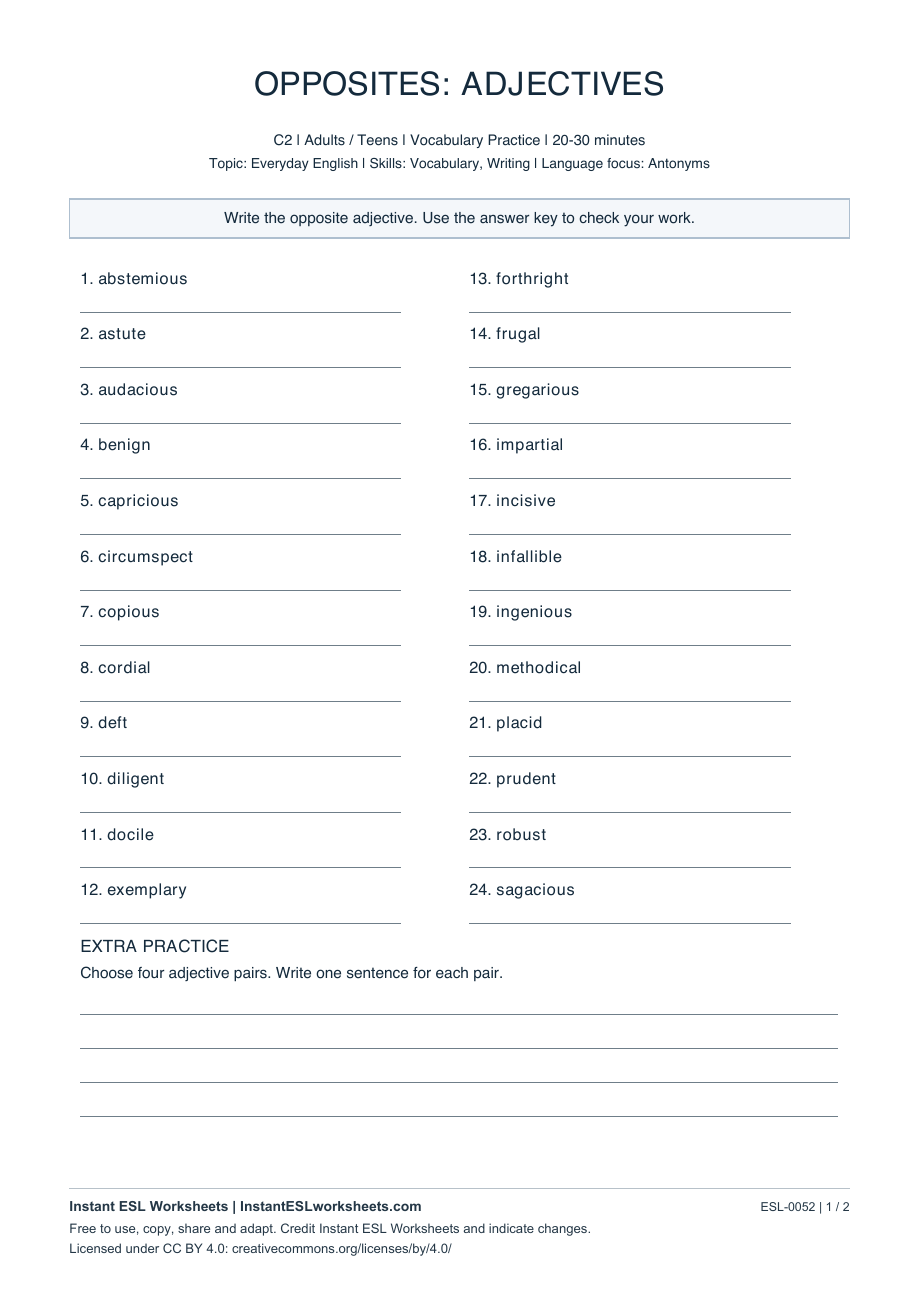 Page 1 of Opposites: Adjectives - C2 Set 2