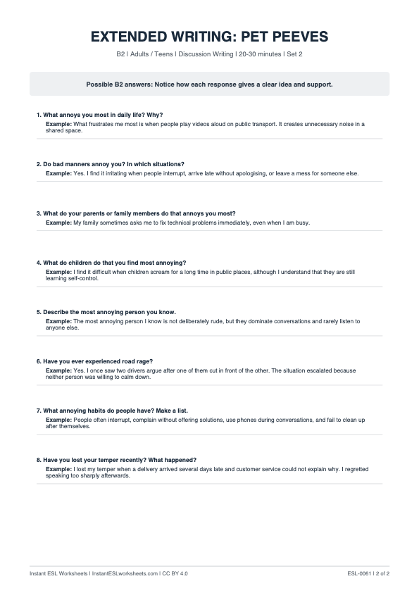 Page 2 of Pet Peeves - answer key