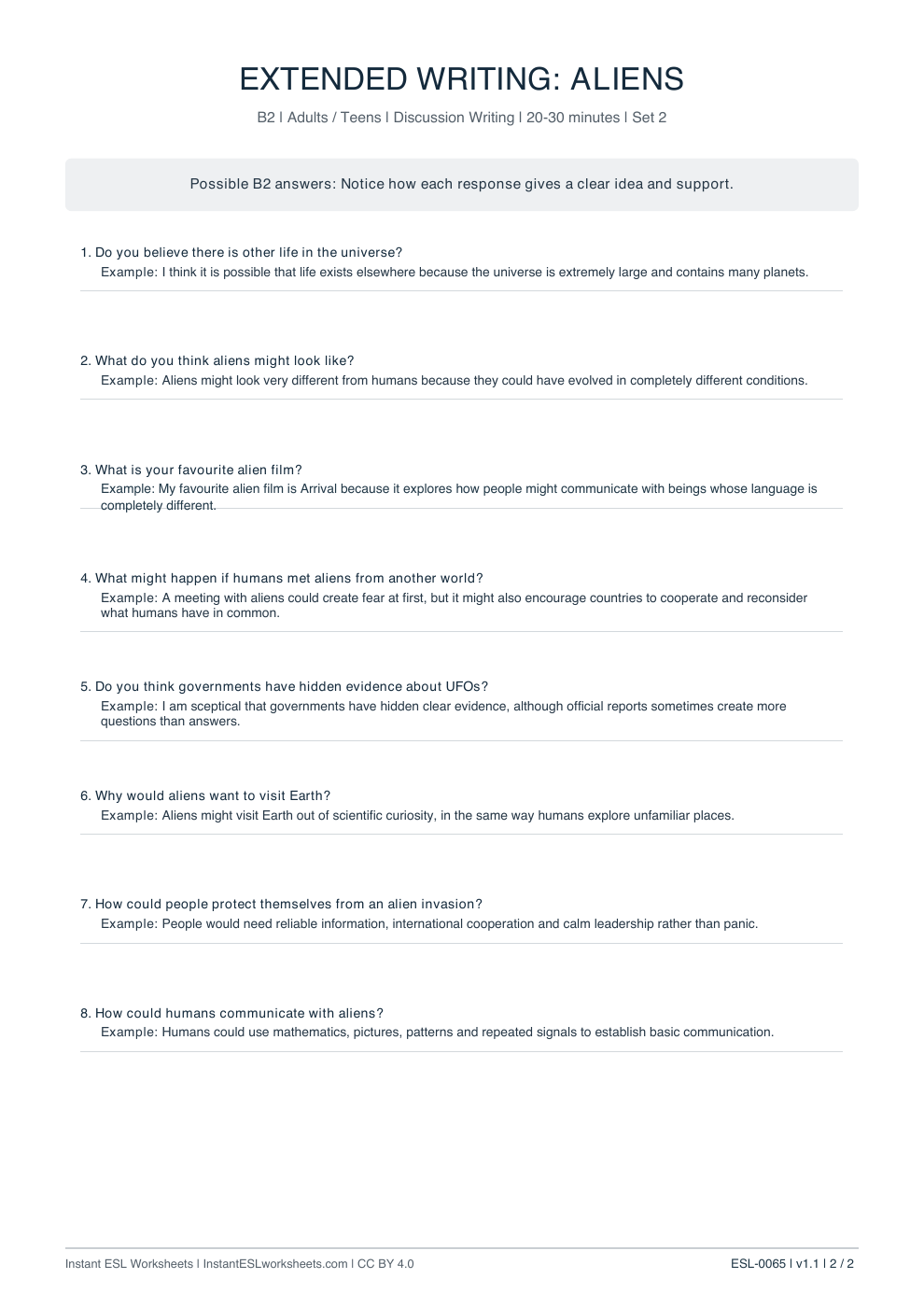 Page 2 of Aliens - answer key