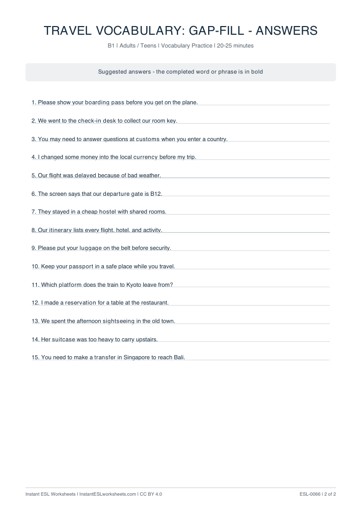 Page 2 of Travel Vocabulary: Gap-Fill - answer key