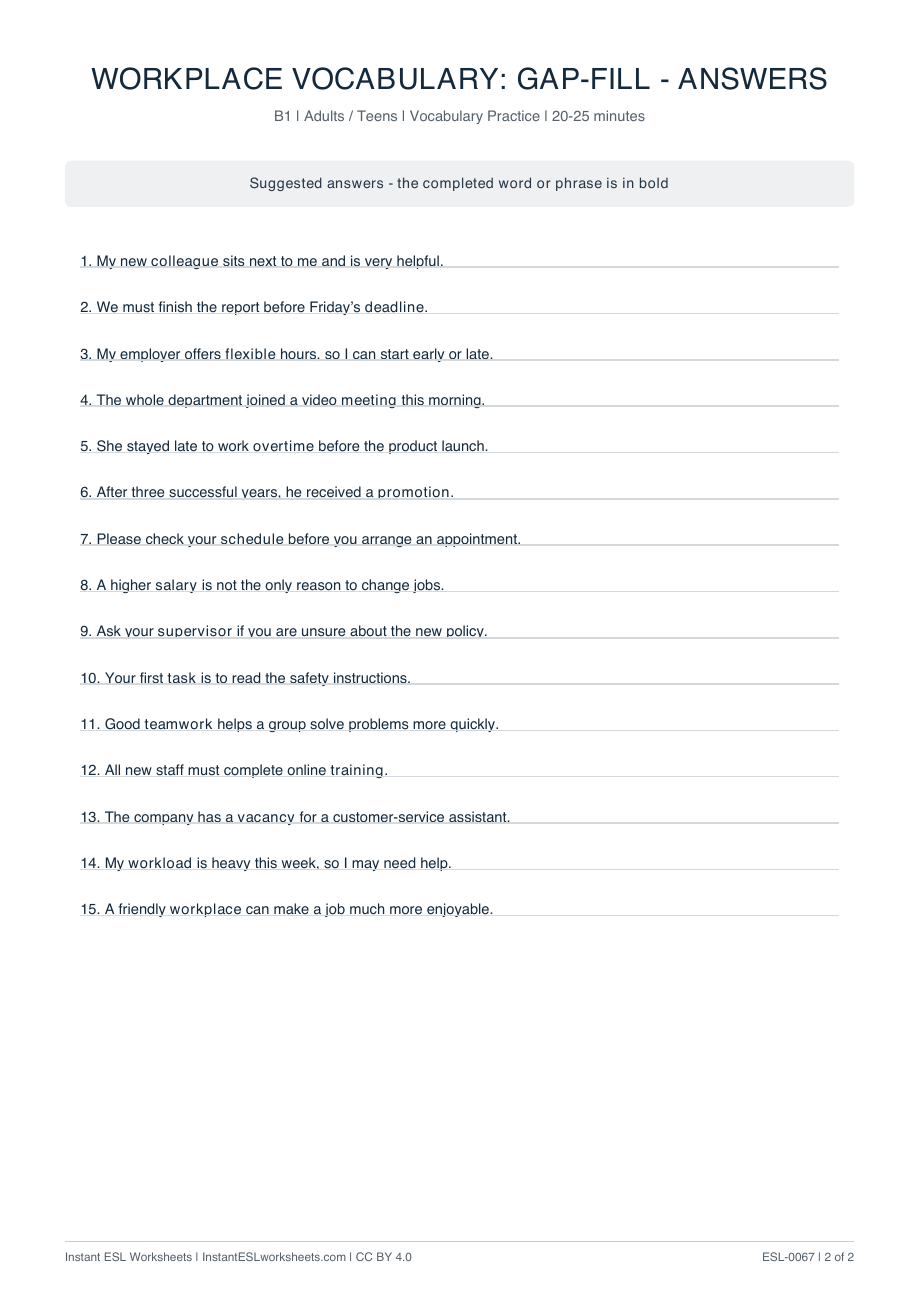 Page 2 of Workplace Vocabulary: Gap-Fill - answer key