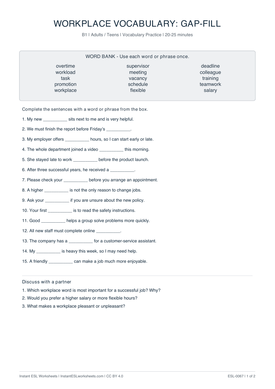 Page 1 of Workplace Vocabulary: Gap-Fill