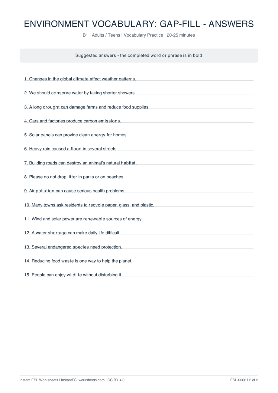 Page 2 of Environment Vocabulary: Gap-Fill - answer key