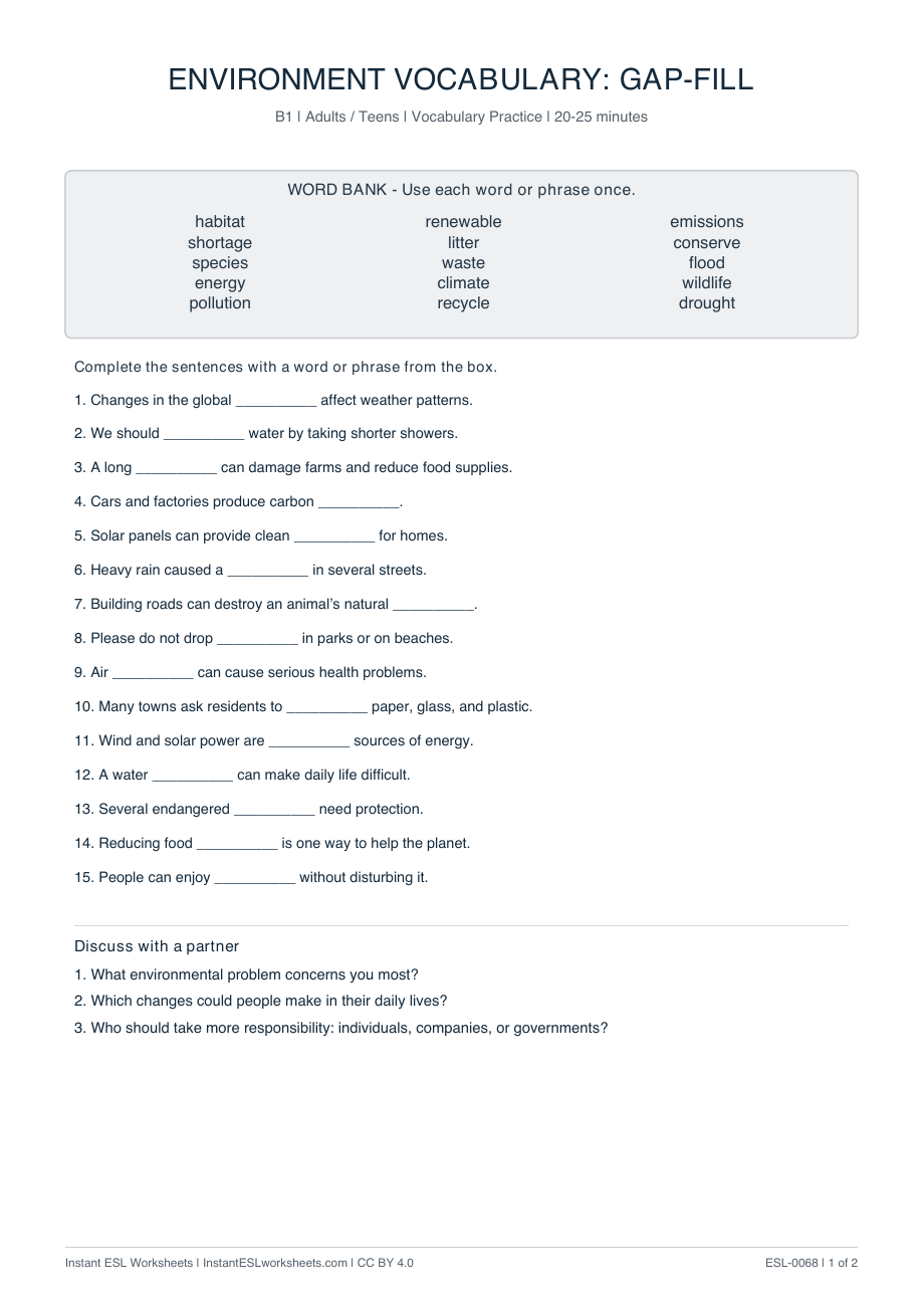 Page 1 of Environment Vocabulary: Gap-Fill